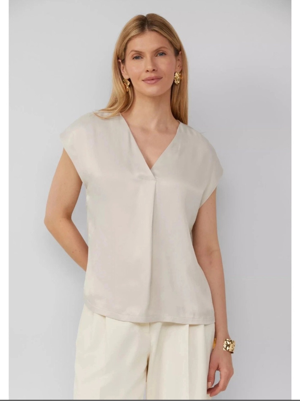 LOFT Womens Champagne Cream Satin V-Neck Pleat Front Sleeveless Blouse Shell LP